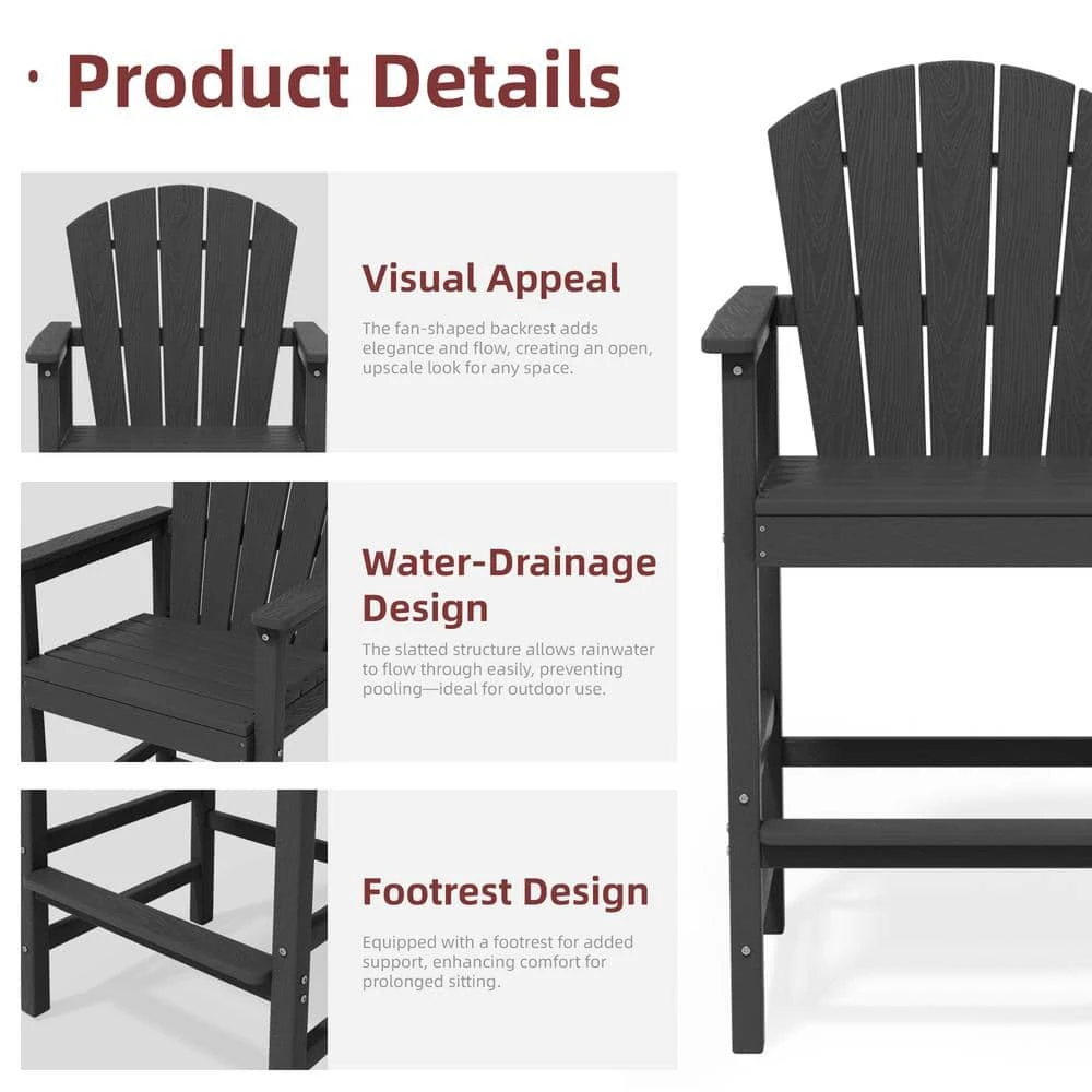 3-Piece Black Adirondack Patio Bar Plastic Outdoor Dining Set-Bar Height Stool And Chairs 6 3-Piece Black Adirondack Patio Bar Plastic Outdoor Dining Set-Bar Height Stool And Chairs - Image 6