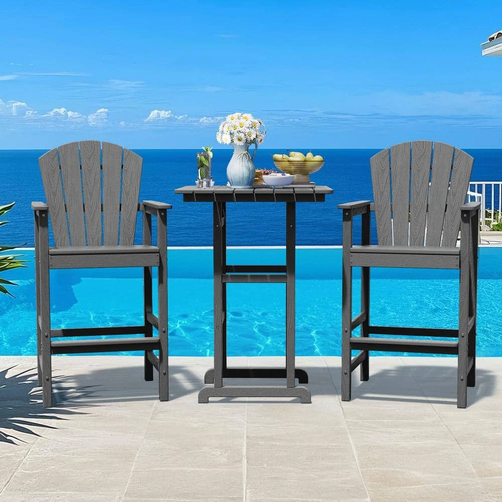 3-Piece Gray Adirondack Patio Bar Plastic Outdoor Dining Set-Bar Height Stool And Chairs 1 3-Piece Gray Adirondack Patio Bar Plastic Outdoor Dining Set-Bar Height Stool And Chairs