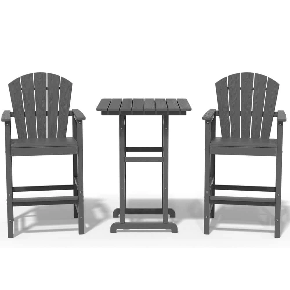 3-Piece Gray Adirondack Patio Bar Plastic Outdoor Dining Set-Bar Height Stool And Chairs 2 3-Piece Gray Adirondack Patio Bar Plastic Outdoor Dining Set-Bar Height Stool And Chairs - Image 2
