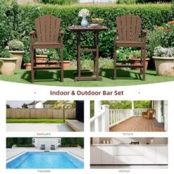 3-Piece Brown Adirondack Patio Bar Plastic Outdoor Dining Set-Bar Height Stool And Chairs -More Furniture Store jearey bistro sets jyqwgbzy3 zm 1f 1000