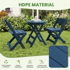 HDPE Foldable 3-Piece Plastic Outdoor Bistro Set In Navy -More Furniture Store jearey bistro sets xjg3jt navy 1f 1000