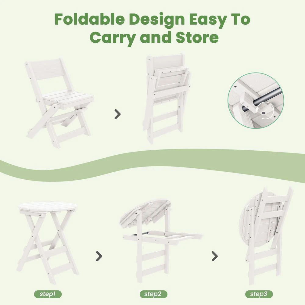 HDPE Foldable 3-Piece Plastic Outdoor Bistro Set In White 5 HDPE Foldable 3-Piece Plastic Outdoor Bistro Set In White - Image 5