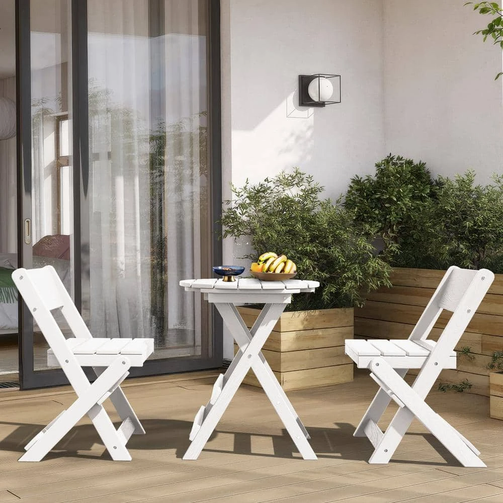 HDPE Foldable 3-Piece Plastic Outdoor Bistro Set In White 1 HDPE Foldable 3-Piece Plastic Outdoor Bistro Set In White