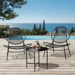 3-Piece Black Round Rattan Patio Rust-Proof Outdoor Bistro Set