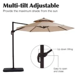 Double Top 11 Ft. Aluminum Cantilever Umbrella With Base And Cover, 360° Rotation Patio Umbrella In Beige -More Furniture Store jearey cantilever umbrellas 10sdylm beige 40 1000