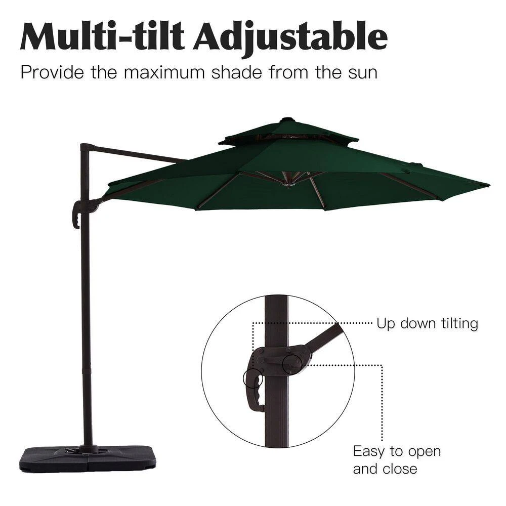Double Top 11 Ft. Aluminum Cantilever Umbrella With Base And Cover, 360° Rotation Patio Umbrella In Dark Green 3 Double Top 11 Ft. Aluminum Cantilever Umbrella With Base And Cover, 360° Rotation Patio Umbrella In Dark Green - Image 3