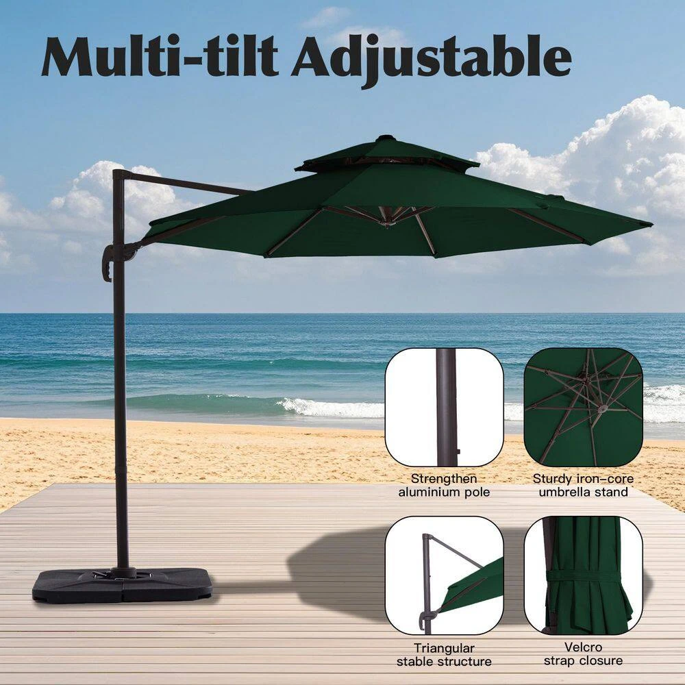 Double Top 11 Ft. Aluminum Cantilever Umbrella With Base And Cover, 360° Rotation Patio Umbrella In Dark Green 10 Double Top 11 Ft. Aluminum Cantilever Umbrella With Base And Cover, 360° Rotation Patio Umbrella In Dark Green - Image 10
