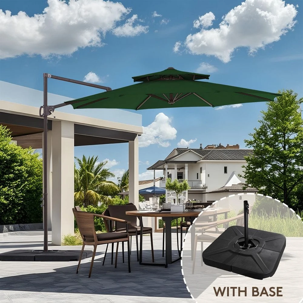 Double Top 11 Ft. Aluminum Cantilever Umbrella With Base And Cover, 360° Rotation Patio Umbrella In Dark Green 1 Double Top 11 Ft. Aluminum Cantilever Umbrella With Base And Cover, 360° Rotation Patio Umbrella In Dark Green