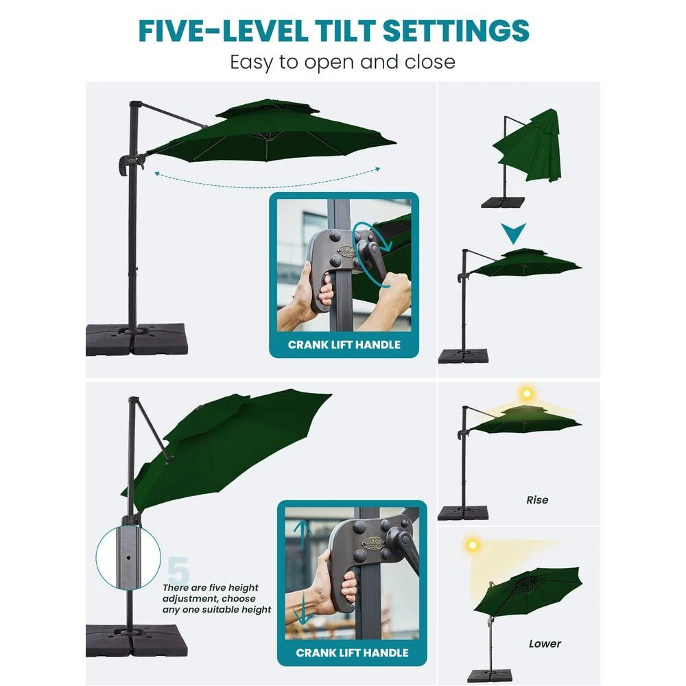 Double Top 11 Ft. Aluminum Cantilever Umbrella With Base And Cover, 360° Rotation Patio Umbrella In Dark Green 12 Double Top 11 Ft. Aluminum Cantilever Umbrella With Base And Cover, 360° Rotation Patio Umbrella In Dark Green - Image 12