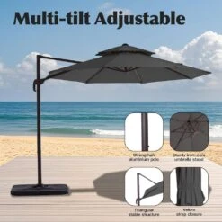 Double Top 11 Ft. Aluminum Cantilever Umbrella With Base And Cover, 360° Rotation Patio Umbrella In Gray -More Furniture Store jearey cantilever umbrellas 10sdylm gray 44 1000