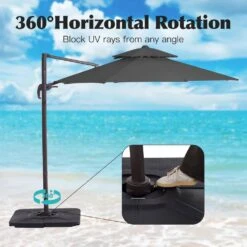 Double Top 11 Ft. Aluminum Cantilever Umbrella With Base And Cover, 360° Rotation Patio Umbrella In Gray -More Furniture Store jearey cantilever umbrellas 10sdylm gray 77 1000