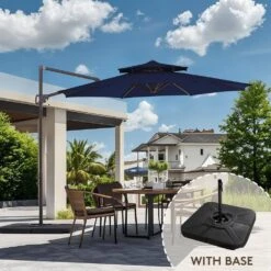 More Furniture Store 7 Double Top 11 Ft. Aluminum Cantilever Umbrella With Base And Cover, 360° Rotation Patio Umbrella In Navy