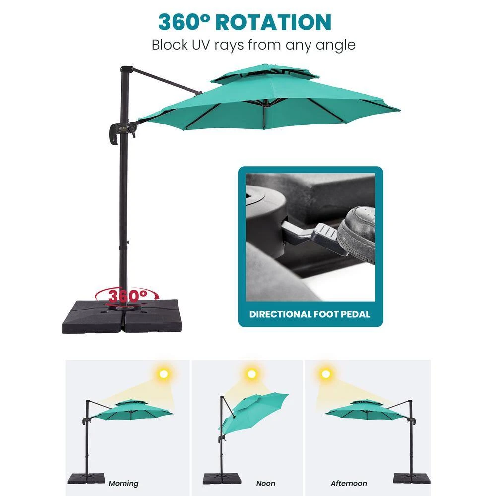 Double Top 11 Ft. Aluminum Cantilever Umbrella With Base And Cover, 360° Rotation Patio Umbrella In Peacock Blue 6 Double Top 11 Ft. Aluminum Cantilever Umbrella With Base And Cover, 360° Rotation Patio Umbrella In Peacock Blue - Image 6