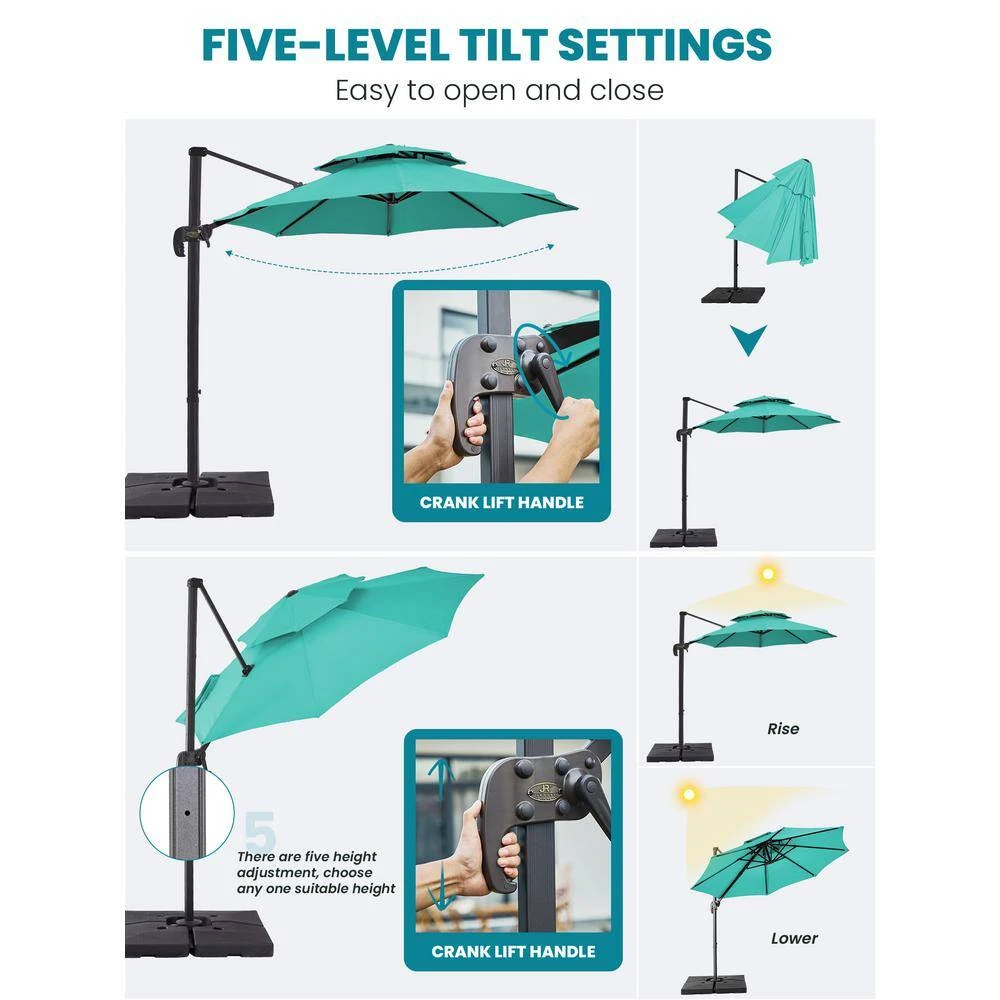 Double Top 11 Ft. Aluminum Cantilever Umbrella With Base And Cover, 360° Rotation Patio Umbrella In Peacock Blue 12 Double Top 11 Ft. Aluminum Cantilever Umbrella With Base And Cover, 360° Rotation Patio Umbrella In Peacock Blue - Image 12