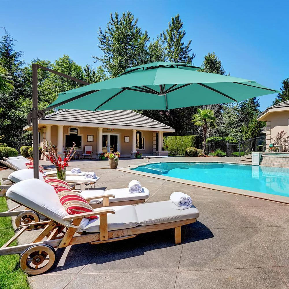 Double Top 11 Ft. Aluminum Cantilever Umbrella With Base And Cover, 360° Rotation Patio Umbrella In Peacock Blue 2 Double Top 11 Ft. Aluminum Cantilever Umbrella With Base And Cover, 360° Rotation Patio Umbrella In Peacock Blue - Image 2