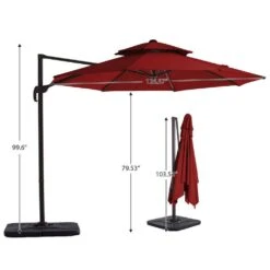 Double Top 11 Ft. Aluminum Cantilever Umbrella With Base And Cover, 360° Rotation Patio Umbrella In Red -More Furniture Store jearey cantilever umbrellas 10sdylm red fa 1000
