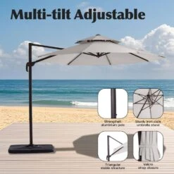 Double Top 11 Ft. Aluminum Cantilever Umbrella With Base And Cover, 360° Rotation Patio Umbrella In Off-White -More Furniture Store jearey cantilever umbrellas 10sdylm ww 1f 1000