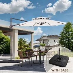 Double Top 11 Ft. Aluminum Cantilever Umbrella With Base And Cover, 360° Rotation Patio Umbrella In Off-White