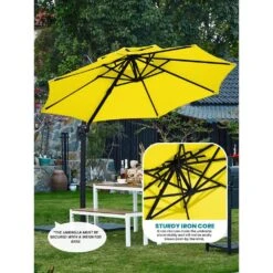 Double Top 11 Ft. Aluminum Cantilever Umbrella With Base And Cover, 360° Rotation Patio Umbrella In Yellow -More Furniture Store jearey cantilever umbrellas 10sdylm yellow 1d 1000
