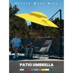 Double Top 11 Ft. Aluminum Cantilever Umbrella With Base And Cover, 360° Rotation Patio Umbrella In Yellow -More Furniture Store jearey cantilever umbrellas 10sdylm yellow 31 1000