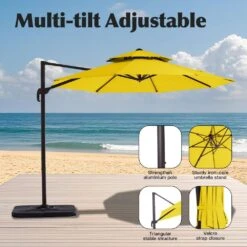 Double Top 11 Ft. Aluminum Cantilever Umbrella With Base And Cover, 360° Rotation Patio Umbrella In Yellow -More Furniture Store jearey cantilever umbrellas 10sdylm yellow 44 1000