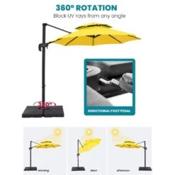Double Top 11 Ft. Aluminum Cantilever Umbrella With Base And Cover, 360° Rotation Patio Umbrella In Yellow -More Furniture Store jearey cantilever umbrellas 10sdylm yellow 77 1000