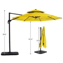 Double Top 11 Ft. Aluminum Cantilever Umbrella With Base And Cover, 360° Rotation Patio Umbrella In Yellow -More Furniture Store jearey cantilever umbrellas 10sdylm yellow fa 1000