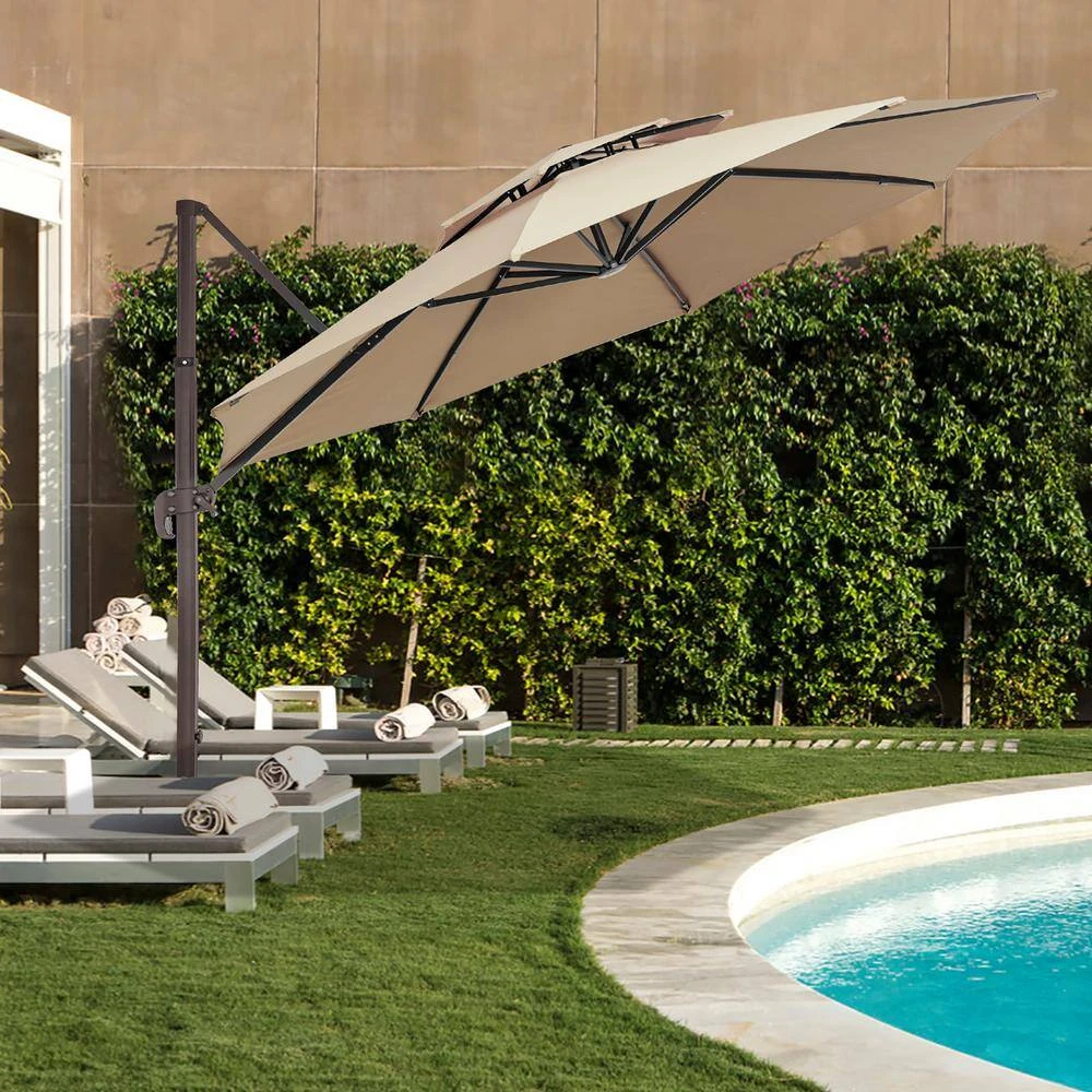 11 Ft.Double Top Round Outdoor Cantilever Umbrella With Cover,Heavy-Duty 360° Rotation Patio Umbrella In Beige 2 11 Ft.Double Top Round Outdoor Cantilever Umbrella With Cover,Heavy-Duty 360° Rotation Patio Umbrella In Beige - Image 2