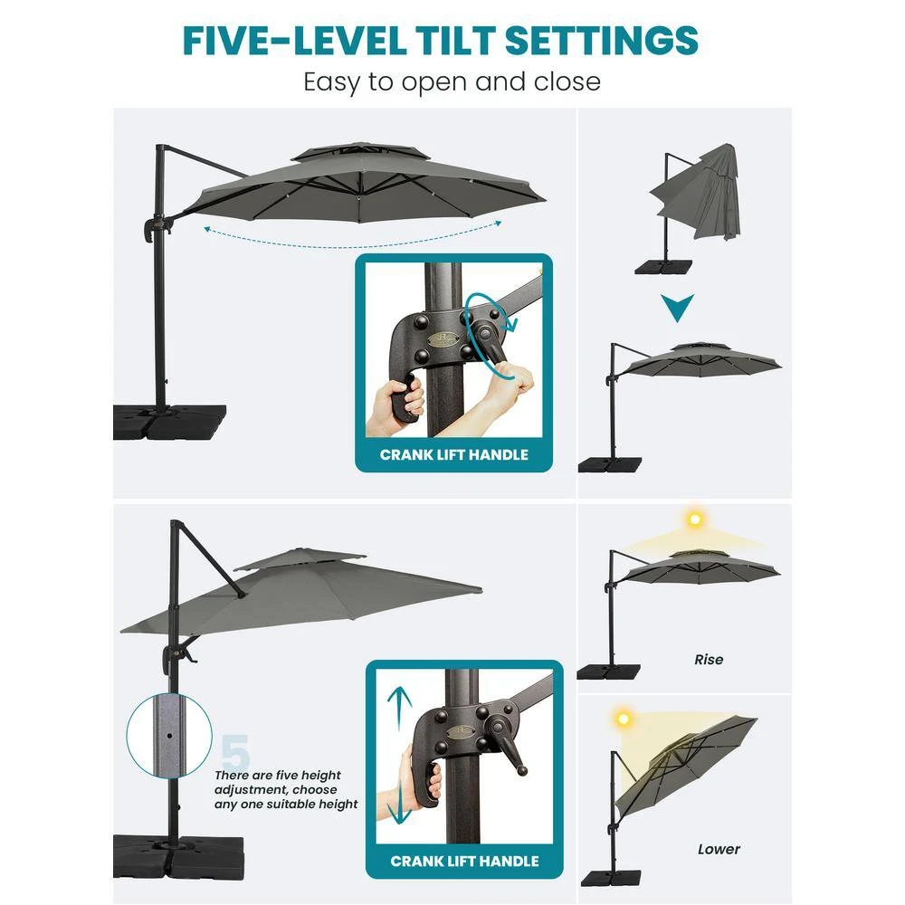11 Ft.Double Top Round Outdoor Cantilever Umbrella With Cover,Heavy-Duty 360° Rotation Patio Umbrella In Gray 12 11 Ft.Double Top Round Outdoor Cantilever Umbrella With Cover,Heavy-Duty 360° Rotation Patio Umbrella In Gray - Image 12