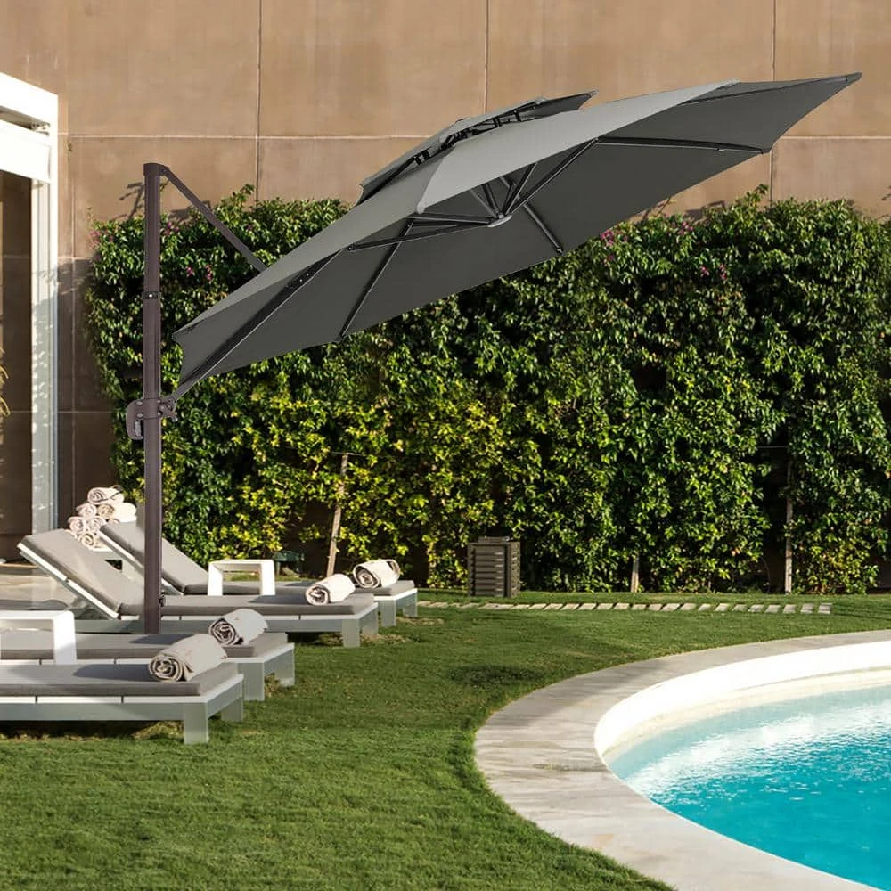11 Ft.Double Top Round Outdoor Cantilever Umbrella With Cover,Heavy-Duty 360° Rotation Patio Umbrella In Gray 2 11 Ft.Double Top Round Outdoor Cantilever Umbrella With Cover,Heavy-Duty 360° Rotation Patio Umbrella In Gray - Image 2