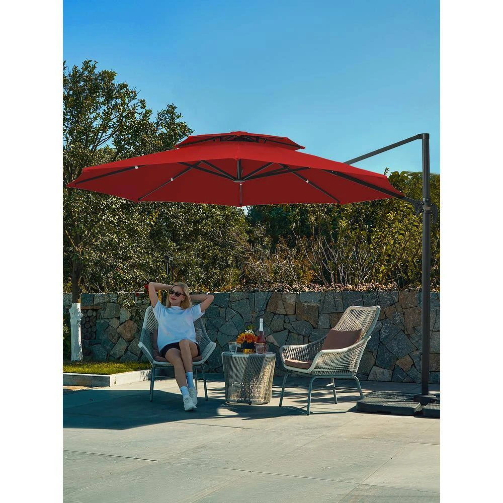 11 Ft.Double Top Round Outdoor Cantilever Umbrella With Cover,Heavy-Duty 360° Rotation Patio Umbrella In Red 3 11 Ft.Double Top Round Outdoor Cantilever Umbrella With Cover,Heavy-Duty 360° Rotation Patio Umbrella In Red - Image 3