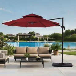 11 Ft.Double Top Round Outdoor Cantilever Umbrella With Cover,Heavy-Duty 360° Rotation Patio Umbrella In Red