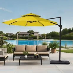 11 Ft.Double Top Round Outdoor Cantilever Umbrella With Cover,Heavy-Duty 360° Rotation Patio Umbrella In Yellow