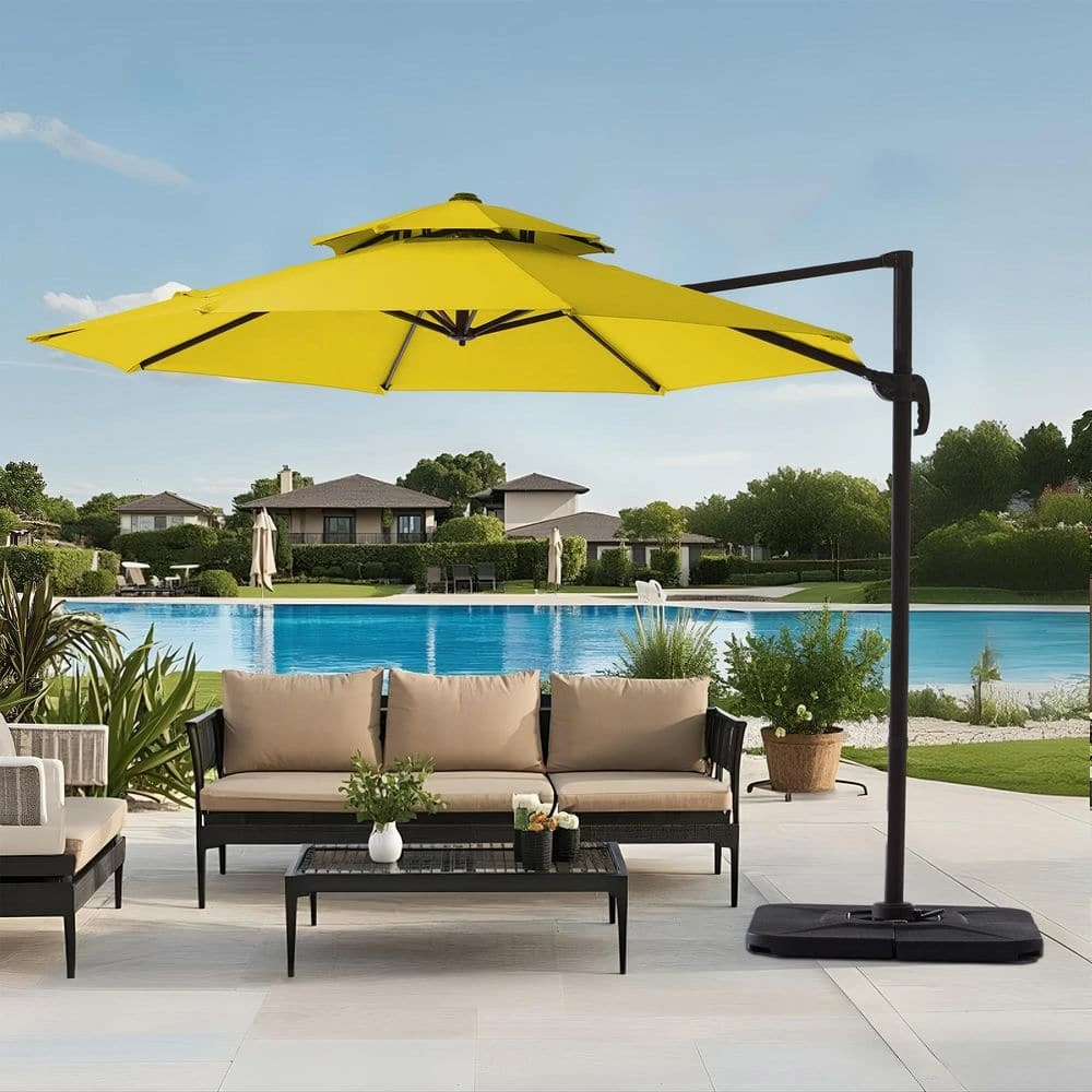 11 Ft.Double Top Round Outdoor Cantilever Umbrella With Cover,Heavy-Duty 360° Rotation Patio Umbrella In Yellow 1 11 Ft.Double Top Round Outdoor Cantilever Umbrella With Cover,Heavy-Duty 360° Rotation Patio Umbrella In Yellow