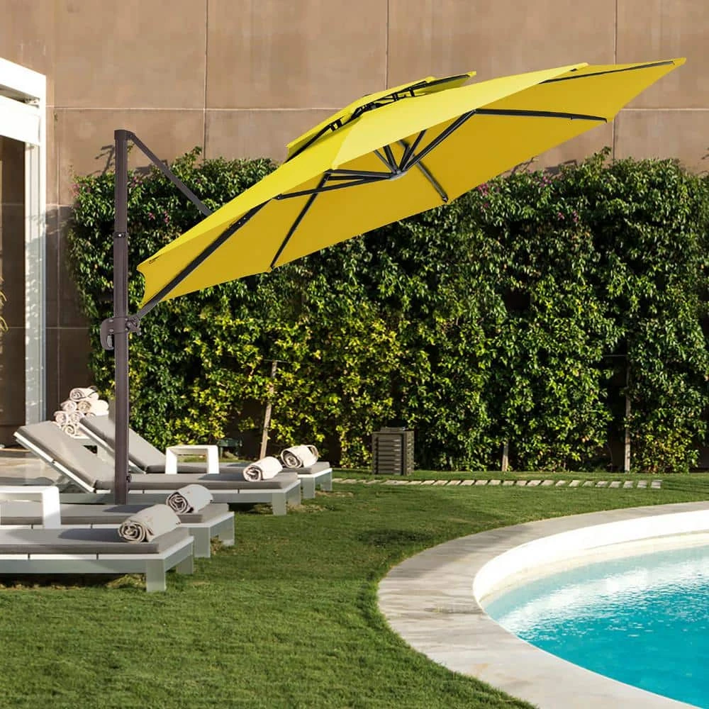 11 Ft.Double Top Round Outdoor Cantilever Umbrella With Cover,Heavy-Duty 360° Rotation Patio Umbrella In Yellow 2 11 Ft.Double Top Round Outdoor Cantilever Umbrella With Cover,Heavy-Duty 360° Rotation Patio Umbrella In Yellow - Image 2