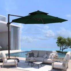 13 Ft. Patio Round Umbrella 360-Degree Rotation Cantilever Umbrella With Cover In Dark Green