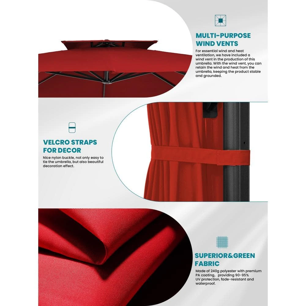 9 Ft. X 9 Ft. Square Aluminum Cantilever Tilt Patio Umbrella In Red 4 9 Ft. X 9 Ft. Square Aluminum Cantilever Tilt Patio Umbrella In Red - Image 4