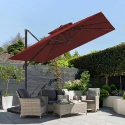 12 Ft. X 12 Ft. Aluminum Cantilever Patio Umbrella With Weighted Base In Red 11 12 Ft. X 12 Ft. Aluminum Cantilever Patio Umbrella With Weighted Base In Red -More Furniture Store jearey cantilever umbrellas fx12ddz rd 40 1000