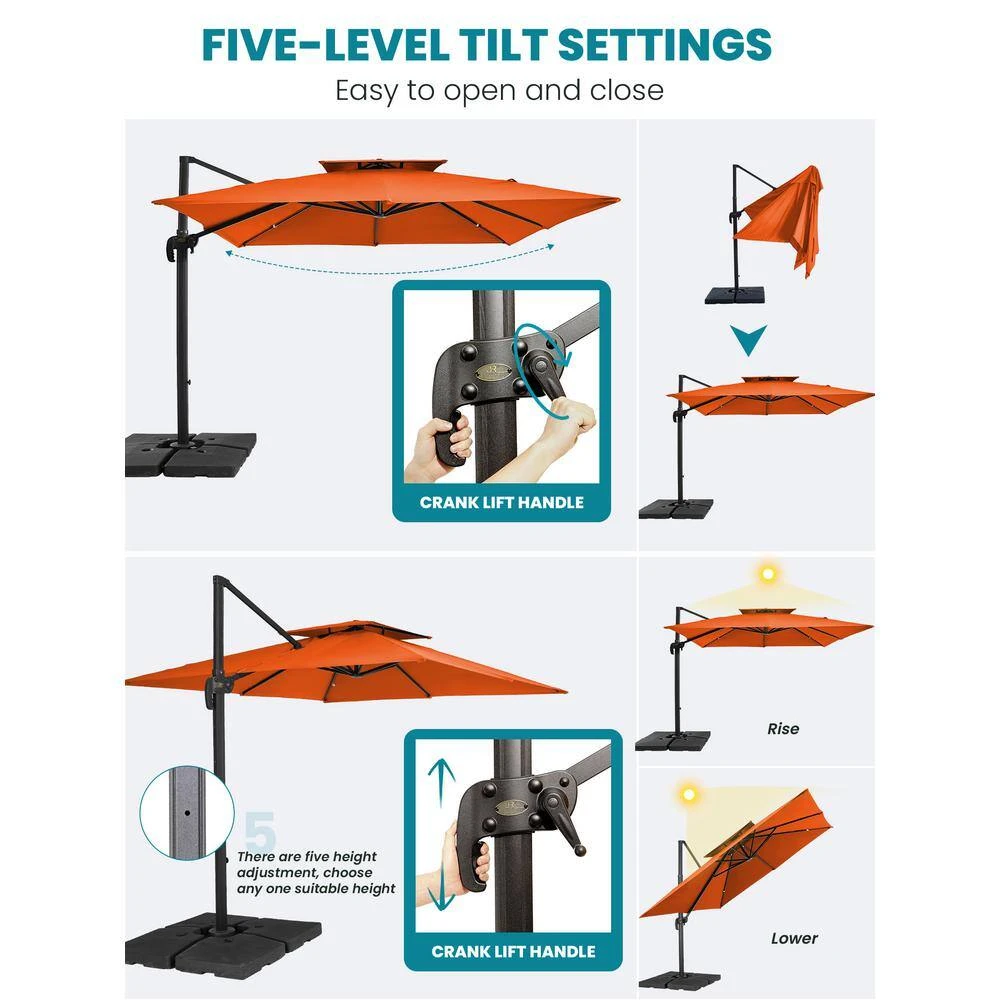 10 Ft. X 10 Ft. Square Two-Tier Top Rotation Outdoor Cantilever Patio Umbrella With Cover In Orange 3 10 Ft. X 10 Ft. Square Two-Tier Top Rotation Outdoor Cantilever Patio Umbrella With Cover In Orange - Image 3