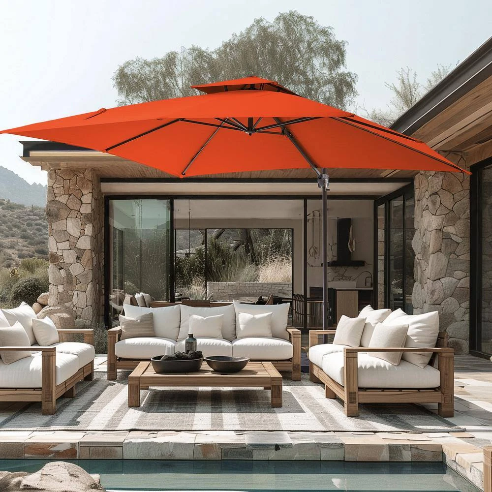 10 Ft. X 10 Ft. Square Two-Tier Top Rotation Outdoor Cantilever Patio Umbrella With Cover In Orange 2 10 Ft. X 10 Ft. Square Two-Tier Top Rotation Outdoor Cantilever Patio Umbrella With Cover In Orange - Image 2