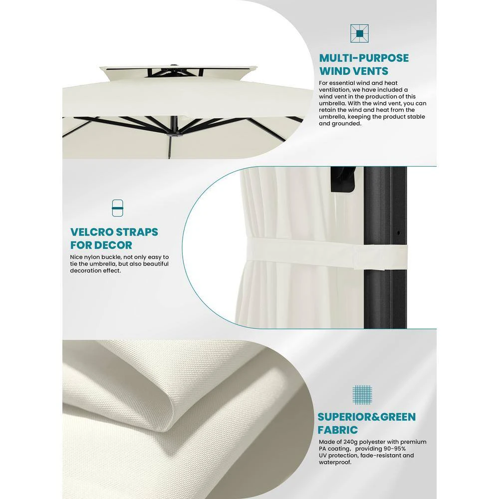 10 Ft. X 10 Ft. Square 2-Tier Top Rotation Outdoor Cantilever Patio Umbrella With Cover In White 8 10 Ft. X 10 Ft. Square 2-Tier Top Rotation Outdoor Cantilever Patio Umbrella With Cover In White - Image 8