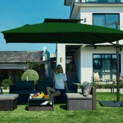 11 Ft. X 11 Ft. Square Two-Tier Top Rotation Outdoor Cantilever Patio Umbrella With Cover In Green -More Furniture Store jearey cantilever umbrellas lk11fx dg 31 1000