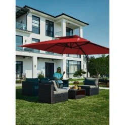 11 Ft. X 11 Ft. Square Two-Tier Top Rotation Outdoor Cantilever Patio Umbrella With Cover In Red -More Furniture Store jearey cantilever umbrellas lk11fx red d4 1000