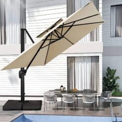 12 Ft. X 12 Ft. Square Two-Tier Top Rotation Outdoor Cantilever Patio Umbrella With Cover In Beige