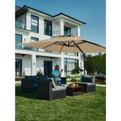 12 Ft. X 12 Ft. Square Two-Tier Top Rotation Outdoor Cantilever Patio Umbrella With Cover In Beige -More Furniture Store jearey cantilever umbrellas lk12fx beige d4 1000