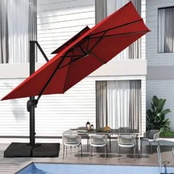 12 Ft. X 12 Ft. Square Two-Tier Top Rotation Outdoor Cantilever Patio Umbrella With Cover In Red