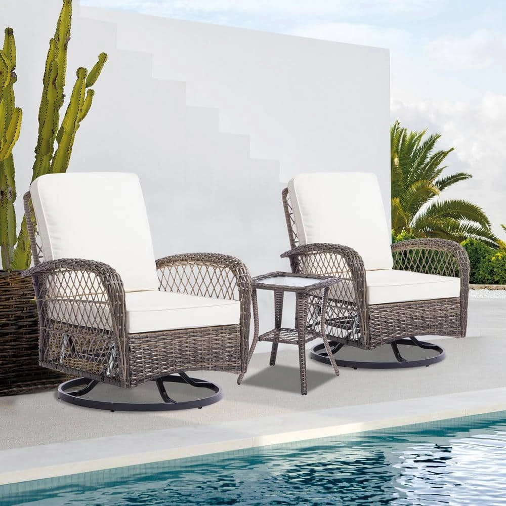 3-Piece Wicker Patio Conversation Set With Creamy White Cushions 1 3-Piece Wicker Patio Conversation Set With Creamy White Cushions