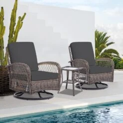 3-Piece Grey Wicker Patio Comfortable Conversation Set With Grey Cushions