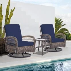 3-Piece Navy Wicker Patio Comfortable Conversation Set With Navy Cushions