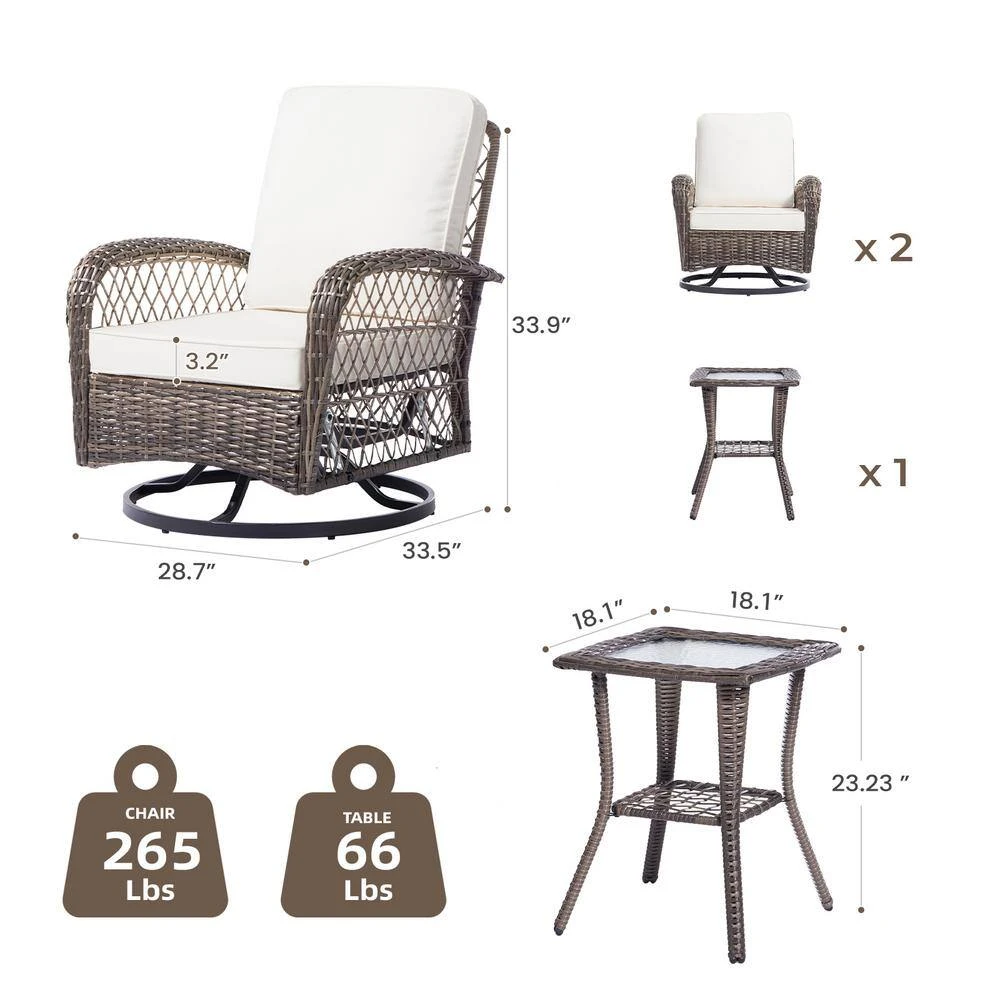 3-Piece White Wicker Patio Comfortable Conversation Set With White Cushions 2 3-Piece White Wicker Patio Comfortable Conversation Set With White Cushions - Image 2